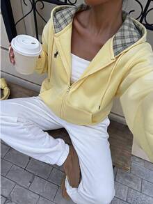 女童黃色拼色格紋連帽長袖外套，秋冬返校日常戶外通勤必備，秋季服飾，校服 - 黃色 - 查看 1