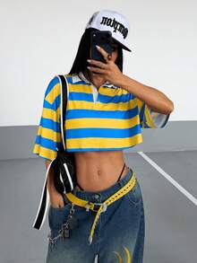StreetHx 2000年代風格 Y2K 女款春秋休閒街頭風寬鬆條紋拼色 Polo 領 T 恤 - 彩色 - 查看 5