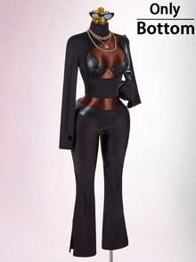 Amplova Women's Triangle Patchwork Suede Sporty Sexy Tight-Fitting Bodycon Waist-Cinching Low-Waist Skinny Long Pants Halloween Club Black Autumn - Black - View 13