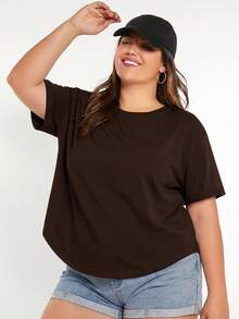 SHEIN BASICS 大尺碼夏季休閒百搭純色短袖T恤 - 棕色 - 查看 1