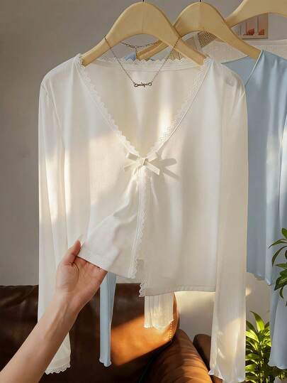 Tween Girls Casual Basic Layering Daily Home Wear Seasonal Cooling Cardigan With Bow, Lace Trim, V-Neck, Front Closure, Long Sleeve Jacket