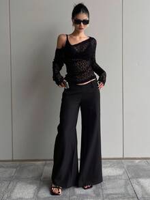 Dazy Tall Women's Asymmetric Shoulder Long Sleeve Textured Semi-Sheer Casual Top Fall - Black - View 9