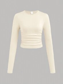 SHEIN Girlism Teen Girl Knit Solid Color 3pcs Pieces Set Round Neck Ruched Long Sleeve T-Shirts - Multicolor - View 8