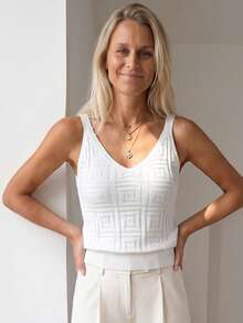 Sprig & Strand Summer Solid Color V-Neck Sleeveless Knitted Top With Wide Straps - White - View 4
