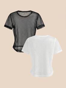 Cheerettes Women's Solid Color Round Neck Casual Versatile Daily Travel Sports Short Sleeve T-Shirt 2pcs/Pack - Black and White - View 3