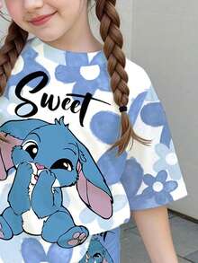 SHEIN Kawaii Young Girls 2-Piece Set Blue Rabbit Stitch Pattern,Graphic Tops & Tight Shorts,Korean Style Summer School Outfits,Casual Ballerina Floral Set - Multicolor - View 6