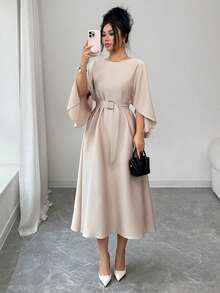 SHEIN Raffinéa 女士优雅收腰连衣裙，蝙蝠袖设计，卡其色，适合通勤、外出和约会，春夏款 - 卡其色 - 查看 4