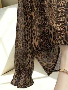 GlowEve CURVE Plus Size New Leopard Print Chiffon Fabric Stand Collar Button-Down Shirt Long Sleeve With Lace Trim On Chest For Women Fall - Brown - View 5