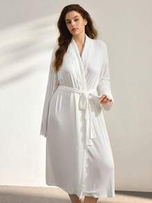 Ocili Women's Solid Color Minimalist Daily Lapel Tie-Up Comfortable Soft Lace Long Sleeve Plus Size Loungewear Robe - White - View 3