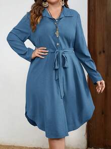 EMERY ROSE Plus Size Women Solid Color Waist Tie Casual Daily Wear Dress Fall - Dusty Blue - View 1