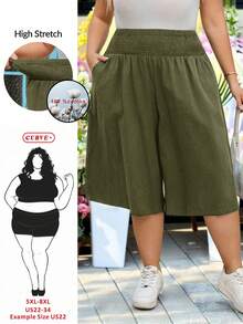 SHEIN CURVE+ 大尺碼女款夏季時尚休閒寬鬆舒適日常黑色純棉及膝寬腿褲，女款下裝，極簡風，寬鬆褲，休閒度假穿搭 - 軍綠色 - 查看 7