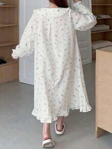 Dazy Plus Ditsy Floral Frill Trim Oversized Collar Sweet Long Sleeve Spring/Autumn New Long Nightgown - White - View 3