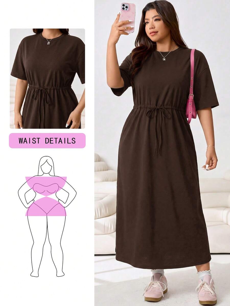 Solflare Brown Drawstring Waist Plus Size Dress Birthday Brunch Bussines Office Teacher Summer Casual - Chocolate Brown - View 1