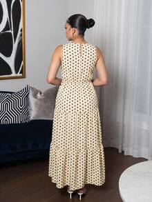 Melissa Matos Polka Dot Sleeveless Ruffle Hem A-Line Dress Maxi Women Outfit Elegant - Beige - View 2