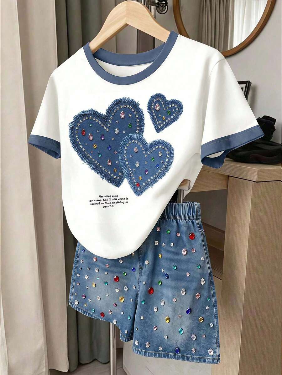 女童夏季甜美碎花細肩帶上衣與短褲兩件套,青少年女孩清新田園風無袖上衣搭配高腰休閒短褲,學生度假街頭風拍照穿搭,花園海灘旅行百搭舒適套裝 - 彩色 - 查看 1