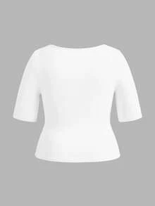 SHEIN BASICS 3件裝休閒純色針織方領短袖修身大尺碼T恤 - 彩色 - 查看 5