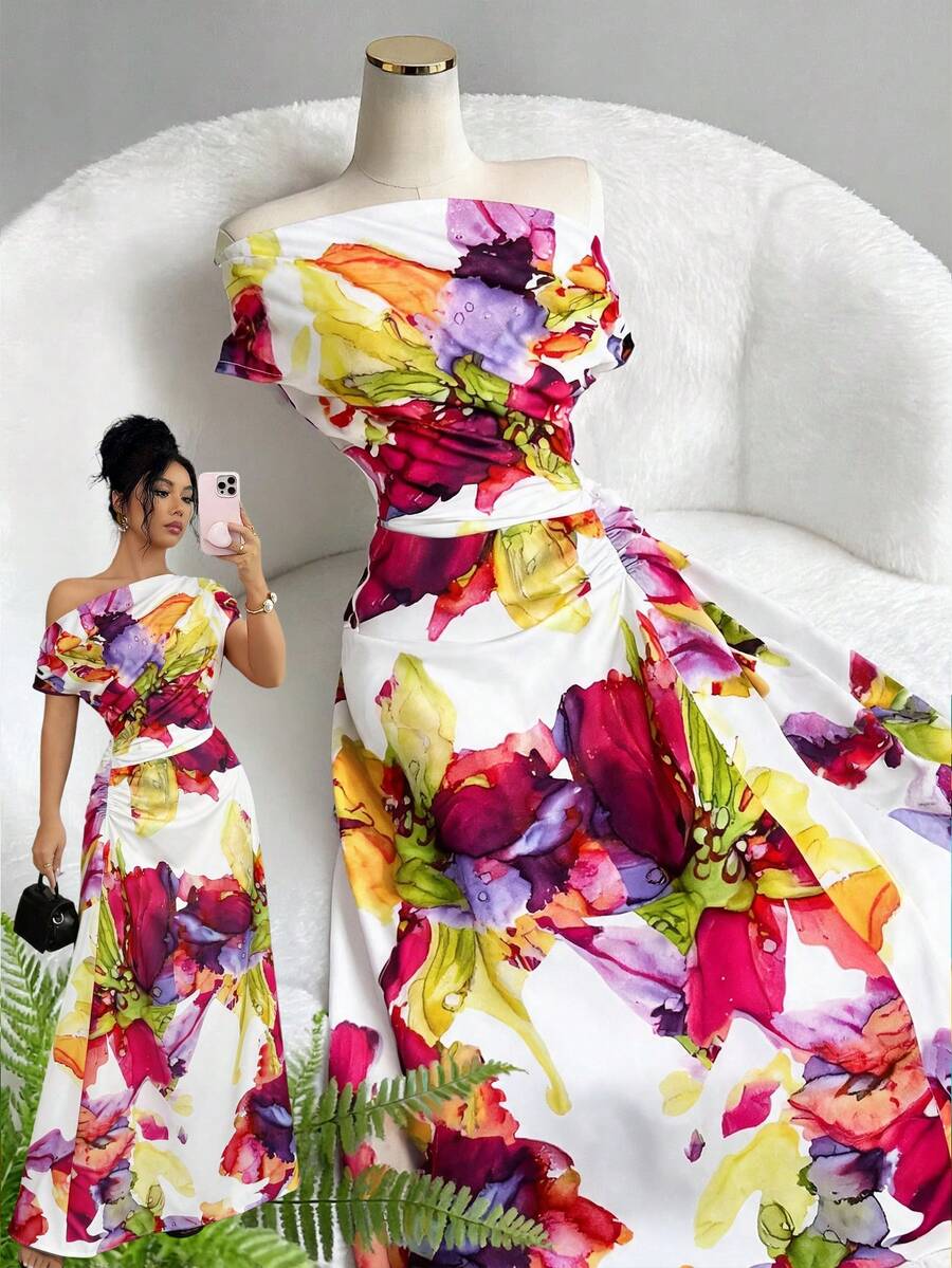 Selianne 女款新款時尚優雅極簡花卉印花不對稱肩部與腰部褶皺收腰A字長洋裝，適合通勤、新年、街頭風、法式浪漫、休閒、中東復古、下午茶派對、派對、感恩節、返校季、春夏 - 彩色 - 查看 1