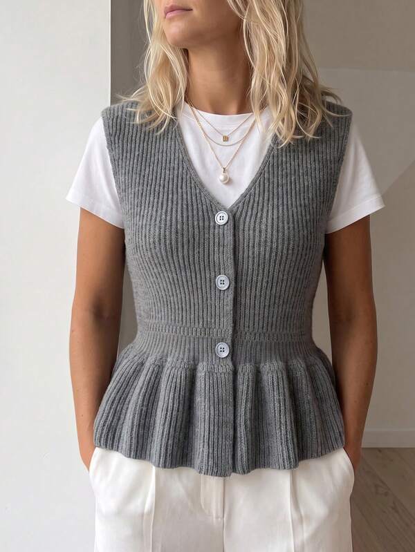 Sprig & Strand Europäischer und amerikanischer Frühling/Sommer Teenager Schulanfang Ostern V-Ausschnitt einreihige Knopfleiste geraffte Taille Rüschensaum lässiger Pendler minimalistischer Vintage Ins Stil ärmellose Strickweste Pullover für Frauen