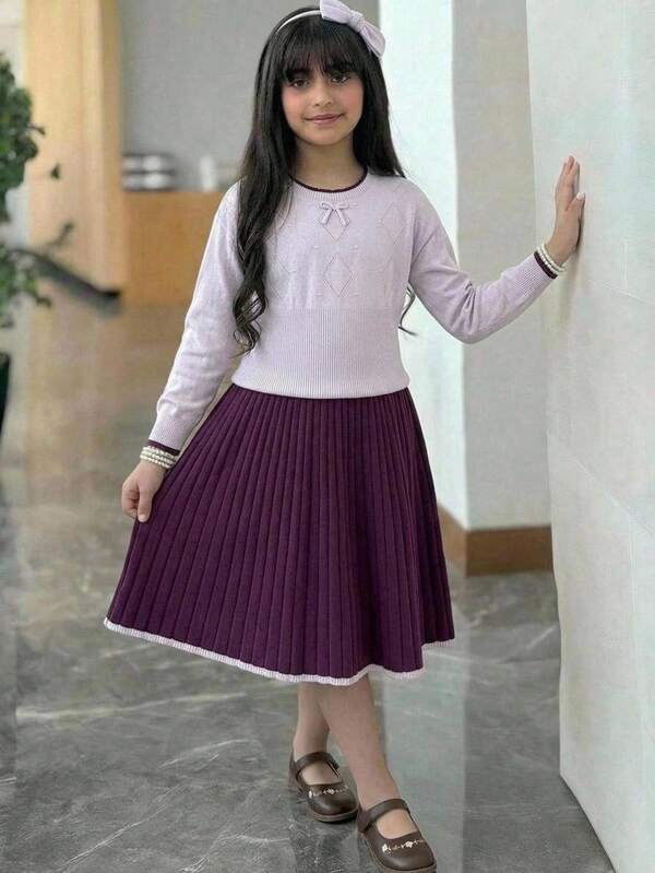 SHEIN Gaya Putri Impian, Setelan Sweater Ungu Muda & Ungu Tua dengan Pita dan Ruffle, Lengan Panjang, Leher Bulat, dan Rok Pullover untuk Anak Perempuan Remaja, Motif Berlian dan Pita yang Menarik Perhatian, Pakaian Sekolah Musim Semi/Gugur, Musim Gugur/Musim Dingin
