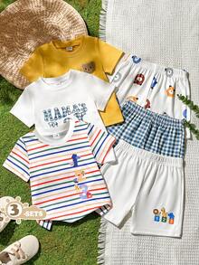 SHEIN Vintaside Kids 男嬰嬰兒多件套裝圓領短袖簡約休閒百搭可愛T恤與百搭時尚休閒短褲套裝，適合外出、露營、野餐、日常休閒、幼兒園上學或度假旅行穿著 - 彩色 - 查看 5