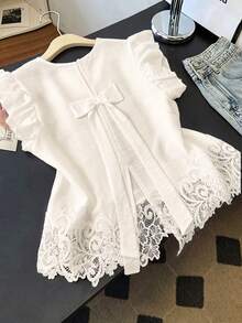 GlowEve French Style Bow Tie Lace Patchwork Fashion Blouse - Apricot - View 5