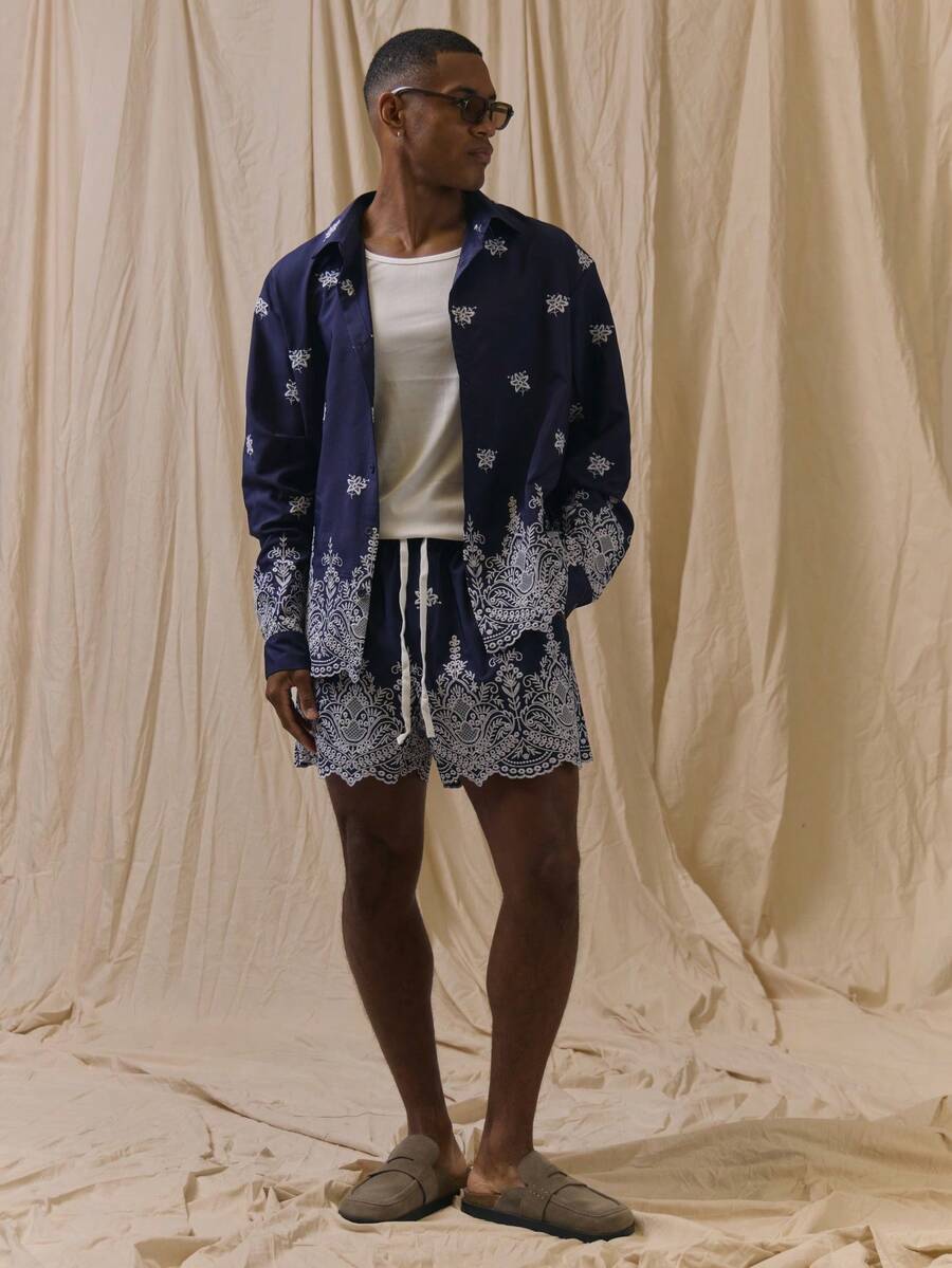 Musero Long Sleeve Drop Shoulder Boxy Fit Button Up Shirt Motif Design - Blue - View 1