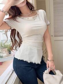Feyla New Design Contrast Color Frill Trim Knit Short Sleeve Square Neck Decorative Button Niche Versatile Sexy T-Shirt - Light Yellow - View 3