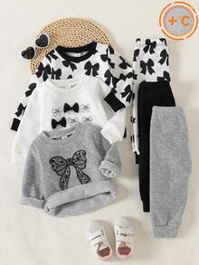 SHEIN Playful Pals 3套幼童女童運動衫長褲套裝，可愛白色、黑白、淺灰色、黑色蝴蝶結 3D 蝴蝶蕾絲長袖圓領，生日萬聖節牛仔女郎風 - 彩色 - 查看 10