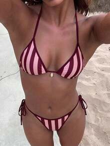 Swim Vcay 女士夏季度假沙滩条纹挂脖系带比基尼套装，女士条纹比基尼，Zestiva泳装斑马纹比基尼套装，斑马纹罩衫拉链上衣 - 彩色 - 查看 1