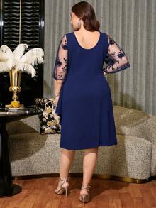 Reflora Vestido elegante de talla grande con bordado floral, patchwork de malla y decoración de strass - Azul - Ver 2