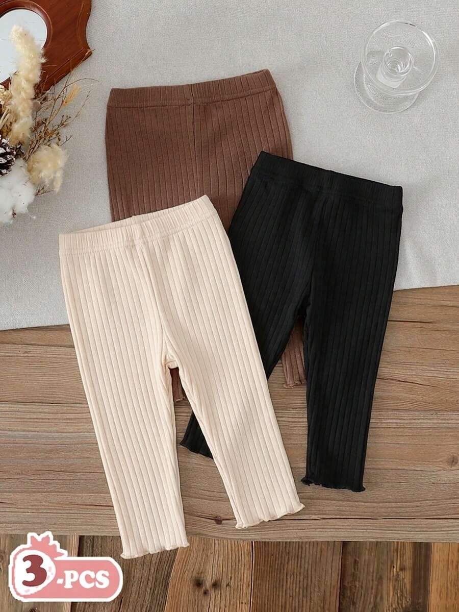 SHEIN Vintaside Kids 3件組女嬰緊身褲 粉色與白色條紋 秋季休閒度假 夏季純色棉質褲 簡約甜美風 直筒寬鬆版型