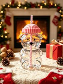 1Pc Cute Bear Shaped Heat Resistant Glass Cup With Lid & Straw, Honey Bear Sippy Mug For Coffee Beer Wine Cocktail, Home Kitchen Party Drinkware, Xmas New Year Gift. - Multicolor - View 7