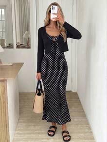 SHEIN LUNE Women's Casual Autumn/Winter Vacation Commute Basic Outfit Polka Dot Long Sleeve Tie-Front Top & Dress 2-Piece Set Fall Clothes Office Wear For Women - Black and White - View 4