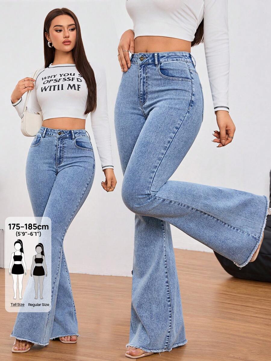 SHEIN Tall 女款前扣口袋休閒牛仔褲,日常穿著,適合高個女性 - 藍色 - 查看 1