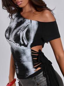 ACID BLVD Spring Summer Autumn Street Style Retro Y2K Asymmetric Neck Body Negative Print Backless Cut-Out Waist Tie Top - Black - View 1