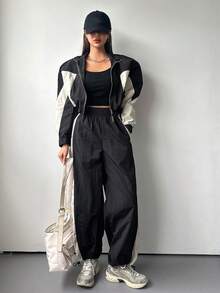 Dazy Tall Women's Colorblock Patchwork Short Jacket And Loose Long Pants Street Casual 2 Pieces Set Fall - Black - View 9