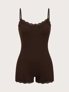 SHEIN PETITE 小碼女款 92%棉彈性蕾絲連身褲 春夏適用 百搭通勤風 - 棕色 - 查看 2