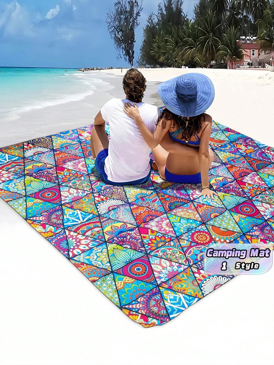1PC Diamond Mandala Print Outdoor Picnic Mat Foldable Waterproof Sandproof Beach Mat Camping Blanket Portable Lightweight Moisture Proof Non Slip Ground Cover For Grass Sand Travel Hiking Picnic Park Festival Use With Carry Strap Home Gift - Red Violet - View 1