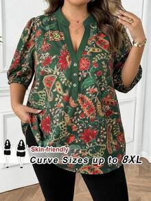 SHEIN CURVE+ Plus Size Women's V-Neck All-Over Print Casual Versatile Daily Wear T-Shirt - Multicolor - View 1