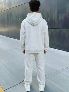 SHEIN 2件組兒童青少年男孩休閒運動字母圖案灰色連帽衛衣與長褲套裝，適合通勤、上學、日常穿著、度假、旅行、運動，秋冬款 - 灰色 - 查看 5