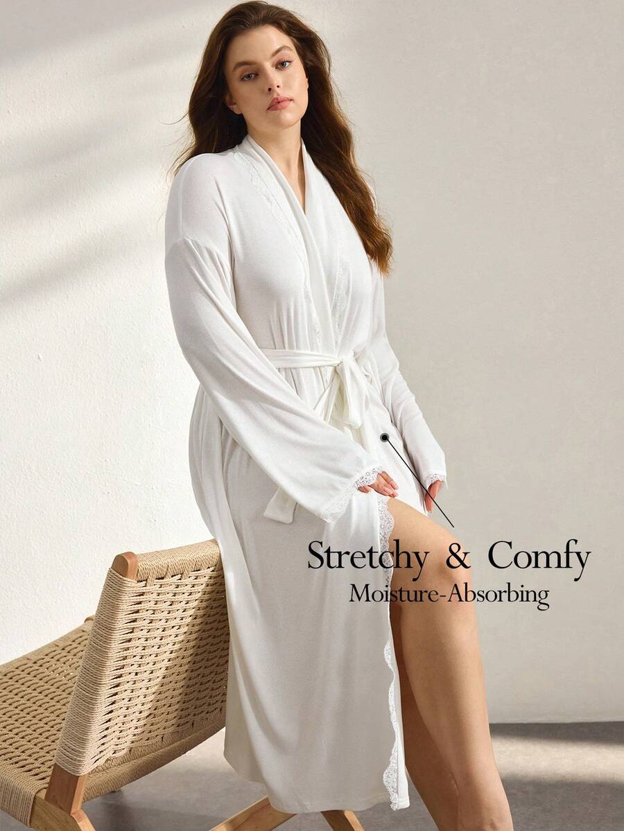 Ocili Women's Solid Color Minimalist Daily Lapel Tie-Up Comfortable Soft Lace Long Sleeve Plus Size Loungewear Robe - White - View 1