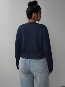 SHEIN Tall CURVE 大尺碼女款純色休閒百搭日常長袖開襟衫 - 藏蓝色 - 查看 2