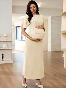 MaterniWear Maternity Solid Color Round Neck Short Sleeve Ruched Fitted Dress Photoshoot Summer - Apricot - View 3