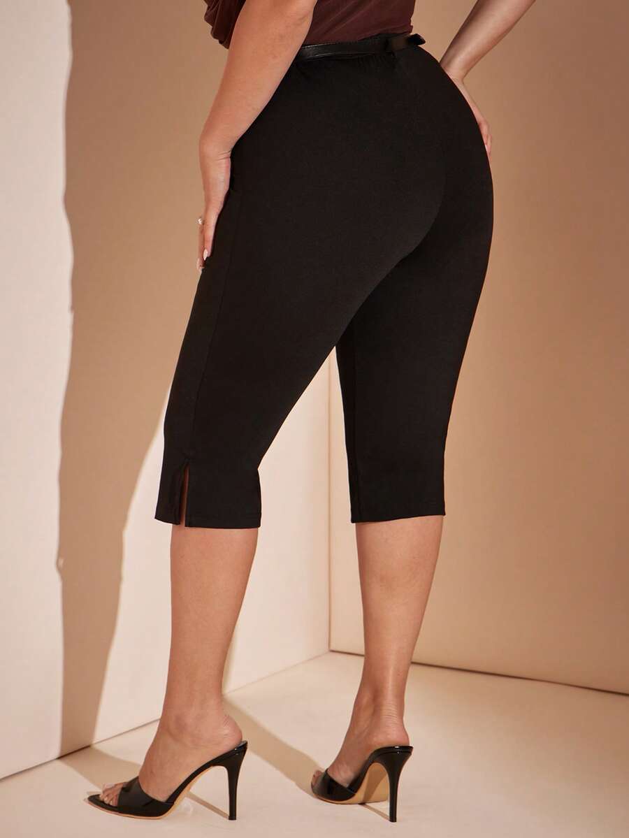 SHEIN BAE CURVE 大尺碼女款緊身 7/8 側開衩腰帶時尚修身街頭風內搭褲 - 黑色 - View 1