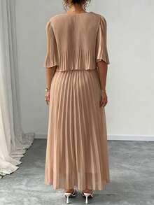 Elenzga Plus Size Solid Color Elegant Chiffon Pleated Dress, Spring/Summer - Champagne - View 2