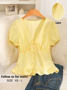 Story & Sage Casual Vacation Women's Blouse, Spring/Summer Fitted Lace Patchwork Tie Bow Short Sleeve Shirt In Pale Yellow - Pale Yellow - View 2