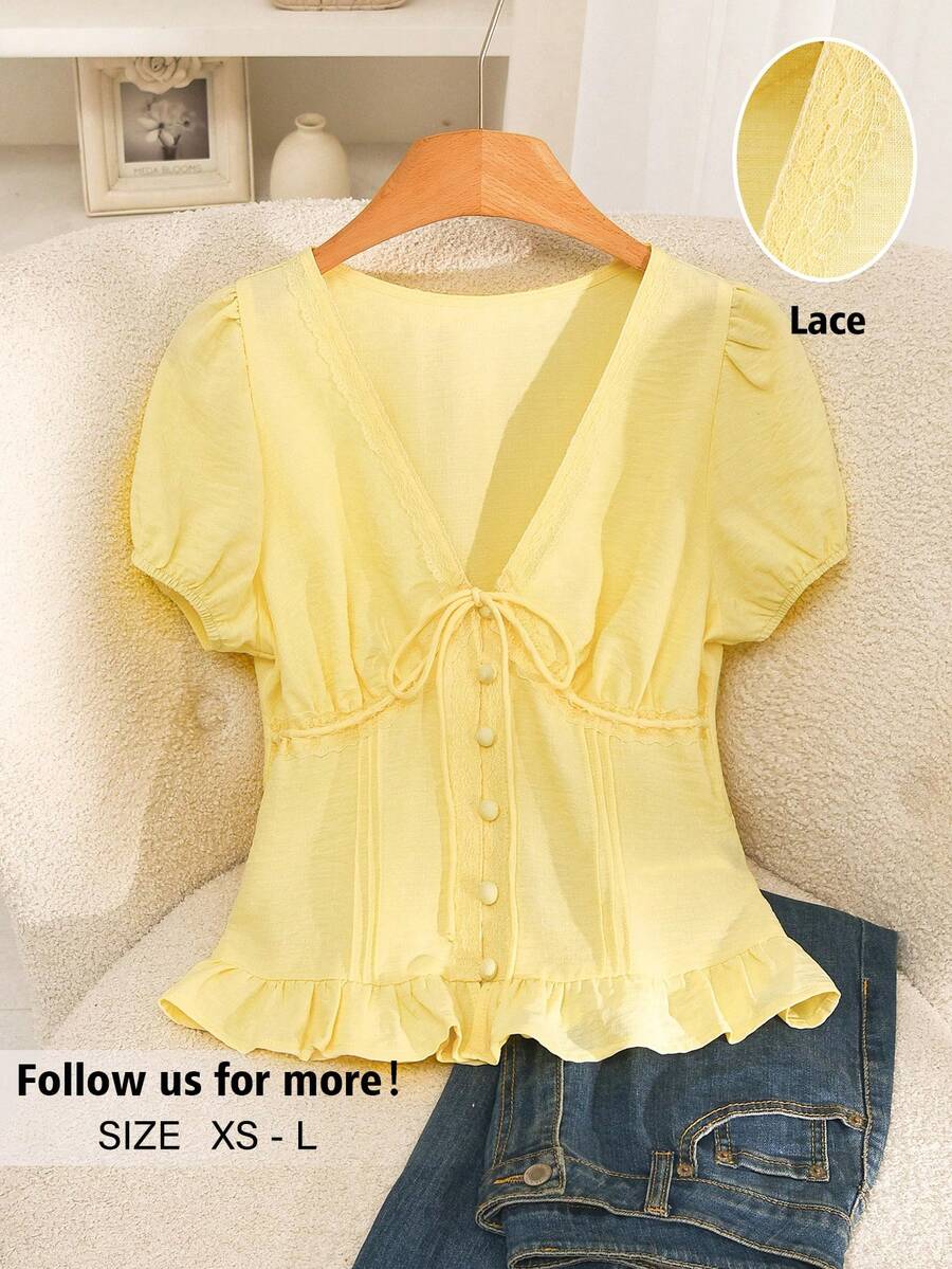 Story & Sage Casual Vacation Women's Blouse, Spring/Summer Fitted Lace Patchwork Tie Bow Short Sleeve Shirt In Pale Yellow