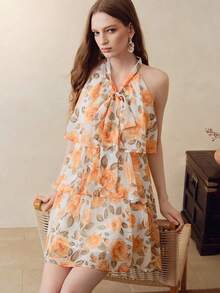 Zanirela Orange Rose Floral Print Halter Neck Tie Dress, Cold Shoulder Sleeveless Tiered Ruffle Hem, Slim Fit Flattering Sweet Vacation Style Mini Dress - Multicolor - View 5
