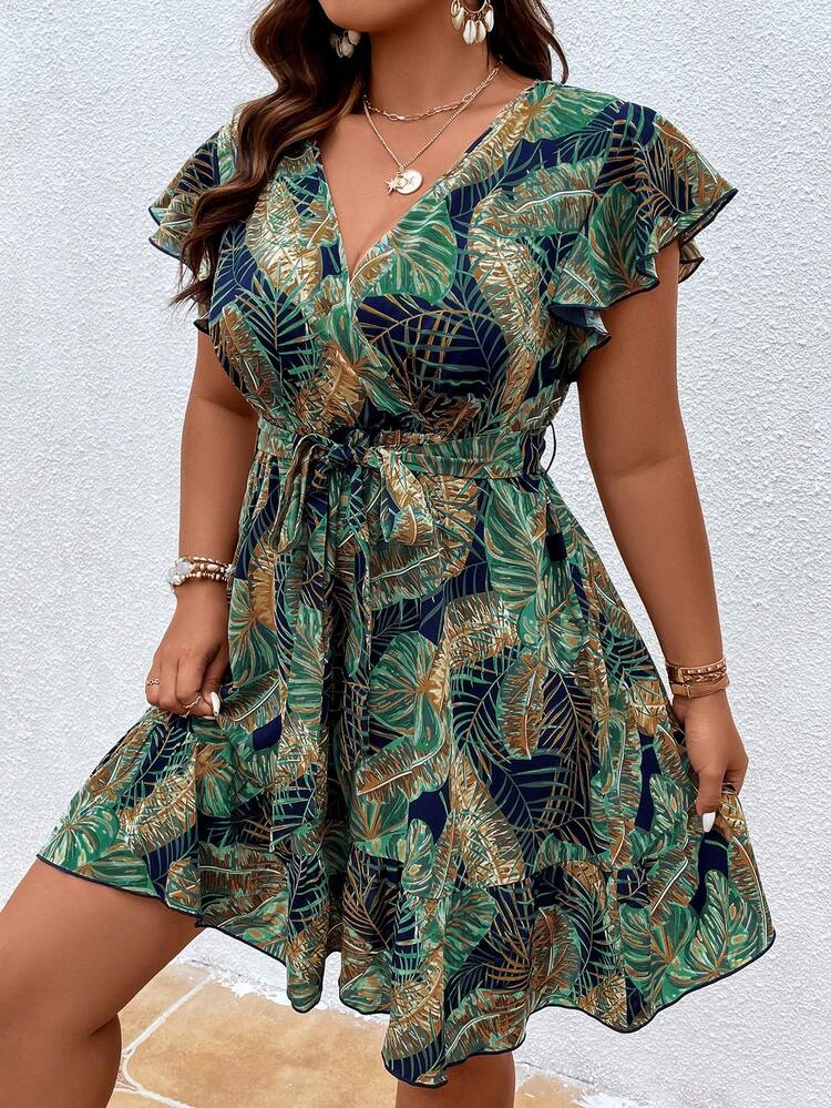 Breezaya Vestido bohemio de verano con estampado tropical, mangas con detalle de mariposa y cinturón, talla extra - Multicolor - Añade 4