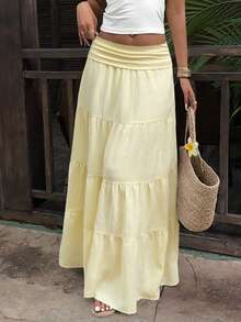 Sunnyshic Summer Fashion French Style Gentle Vacation Beach Versatile Casual Multi-Layer Ruffle Cake Skirt For Women - Yellow - View 6